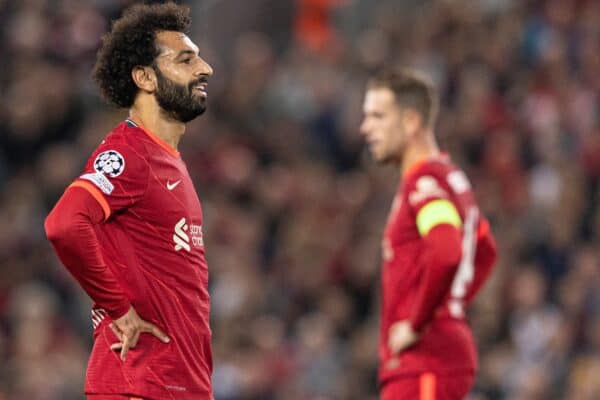 LIVERPOOL, ENGLAND - Wednesday, September 15, 2021: Liverpool's Mohamed Salah looks dejected during the UEFA Champions League Group B Matchday 1 game between Liverpool FC and AC Milan at Anfield. (Pic by Paul Currie/Propaganda)