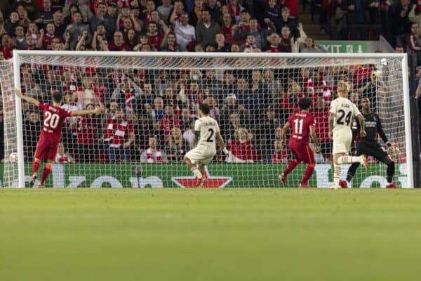 LIVERPOOL, ENGLAND - Wednesday, September 15, 2021: Liverpool's Mohamed Salah scores to make it 2-2 during the UEFA Champions League Group B Matchday 1 game between Liverpool FC and AC Milan at Anfield. (Pic by Paul Currie/Propaganda)