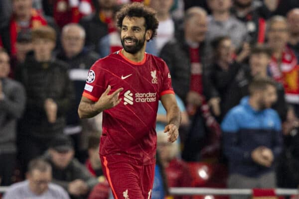 LIVERPOOL, ENGLAND - Wednesday, September 15, 2021: Liverpool's Mohamed Salah celebrates scoring to make it 2-2 during the UEFA Champions League Group B Matchday 1 game between Liverpool FC and AC Milan at Anfield. (Pic by Paul Currie/Propaganda)