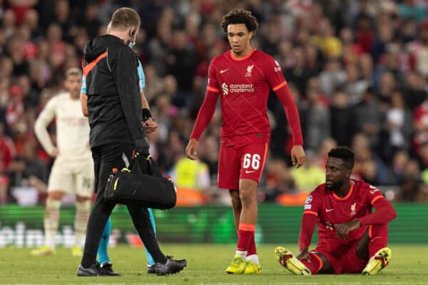 LIVERPOOL, ENGLAND - Wednesday, September 15, 2021: Liverpool's Divock Origi on the floor with an injury during the UEFA Champions League Group B Matchday 1 game between Liverpool FC and AC Milan at Anfield. (Pic by Paul Currie/Propaganda)