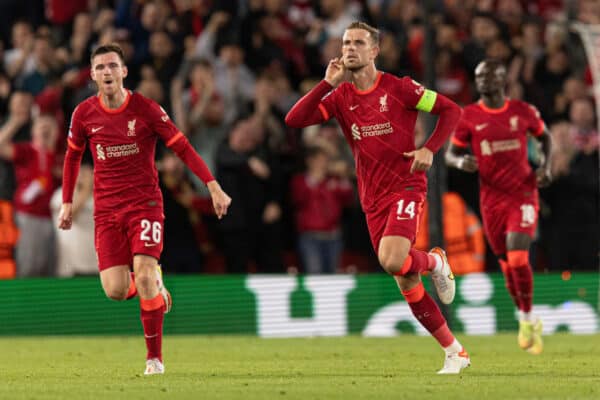 LIVERPOOL, ENGLAND - Wednesday, September 15, 2021: Liverpool's Jordan Henderson celebrates scoring the 3rd goal during the UEFA Champions League Group B Matchday 1 game between Liverpool FC and AC Milan at Anfield. (Pic by Paul Currie/Propaganda)