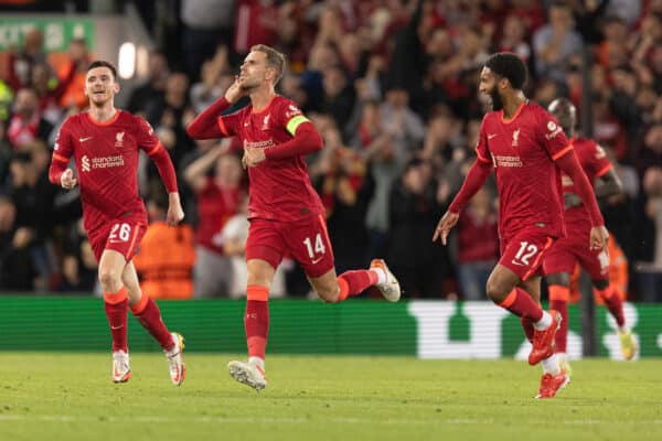 LIVERPOOL, ENGLAND - Wednesday, September 15, 2021: Liverpool's Jordan Henderson celebrates scoring the 3rd goal during the UEFA Champions League Group B Matchday 1 game between Liverpool FC and AC Milan at Anfield. (Pic by Paul Currie/Propaganda)