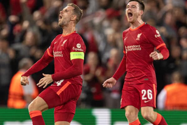 LIVERPOOL, ENGLAND - Wednesday, September 15, 2021: Liverpool's Jordan Henderson celebrates scoring the 3rd goal during the UEFA Champions League Group B Matchday 1 game between Liverpool FC and AC Milan at Anfield. (Pic by Paul Currie/Propaganda)