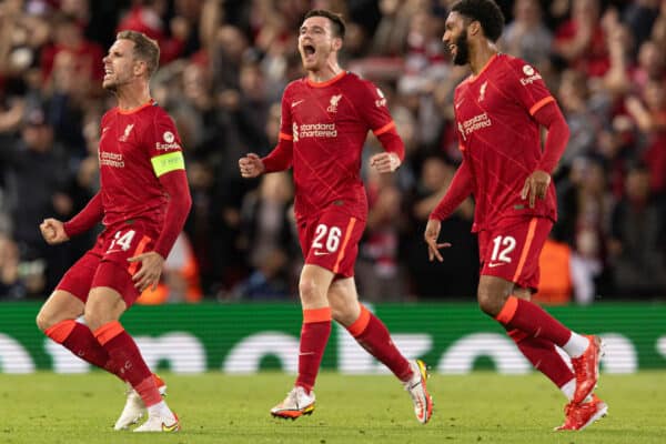 LIVERPOOL, ENGLAND - Wednesday, September 15, 2021: Liverpool's Jordan Henderson celebrates scoring the 3rd goal during the UEFA Champions League Group B Matchday 1 game between Liverpool FC and AC Milan at Anfield. (Pic by Paul Currie/Propaganda)