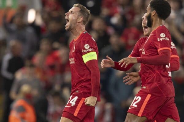 LIVERPOOL, ENGLAND - Wednesday, September 15, 2021: Liverpool's Jordan Henderson celebrates scoring the 3rd goal during the UEFA Champions League Group B Matchday 1 game between Liverpool FC and AC Milan at Anfield. (Pic by Paul Currie/Propaganda)