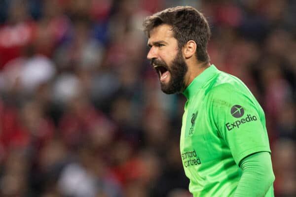 LIVERPOOL, ENGLAND - Wednesday, September 15, 2021: Liverpool's goalkeeper Alisson Becker celebrates during the UEFA Champions League Group B Matchday 1 game between Liverpool FC and AC Milan at Anfield. (Pic by Paul Currie/Propaganda)