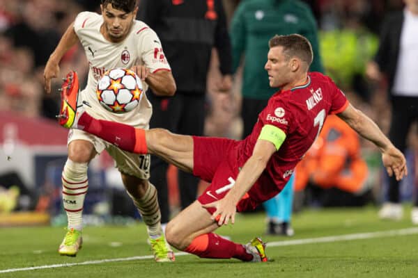 LIVERPOOL, ENGLAND - Wednesday, September 15, 2021: Liverpool's James Milner fouls AC Milan's Brahim Diaz during the UEFA Champions League Group B Matchday 1 game between Liverpool FC and AC Milan at Anfield. (Pic by Paul Currie/Propaganda)