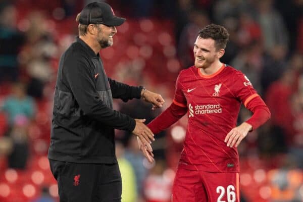 LIVERPOOL, ENGLAND - Wednesday, September 15, 2021: Liverpool's manager Jurgen Klopp and Andrew Robertson after the UEFA Champions League Group B Matchday 1 game between Liverpool FC and AC Milan at Anfield. (Pic by Paul Currie/Propaganda)