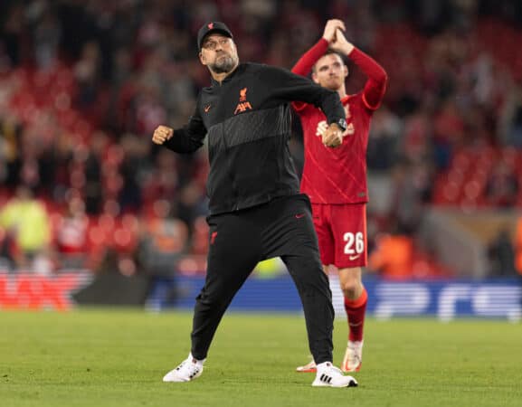 LIVERPOOL, ENGLAND - Wednesday, September 15, 2021:Liverpool's manager Jurgen Klopp celebrates at full time after the UEFA Champions League Group B Matchday 1 game between Liverpool FC and AC Milan at Anfield. (Pic by Paul Currie/Propaganda)