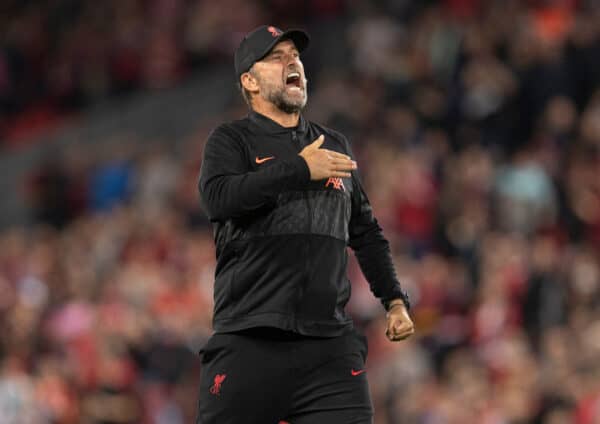 LIVERPOOL, ENGLAND - Wednesday, September 15, 2021:Liverpool's manager Jurgen Klopp celebrates at full time after the UEFA Champions League Group B Matchday 1 game between Liverpool FC and AC Milan at Anfield. (Pic by Paul Currie/Propaganda)