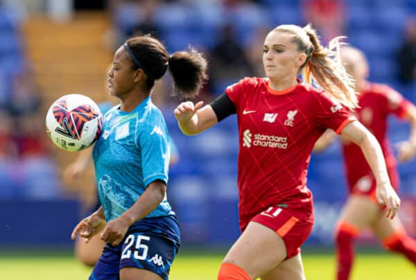 BIRKENHEAD, ENGLAND - Sunday, August 29, 2021: London City Lionesses Kenni Thompson and Liverpools’ Melissa Lawley during the FA Women’s Championship game between Liverpool FC Women and London City Lionesses FC at Prenton Park. (Pic by Paul Currie/Propaganda)