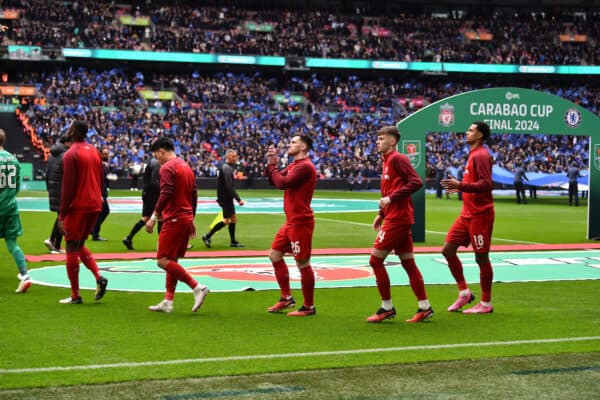 LONDON, ENGLAND - Sunday, February 25, 2024: Liverpool squad lines up during the Football League Cup Final match between Chelsea FC and Liverpool FC at Wembley Stadium. (Photo by David Rawcliffe/Propaganda)