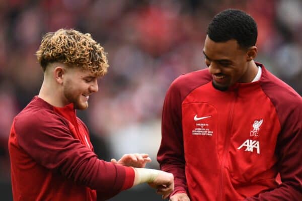 LONDON, ENGLAND - Sunday, February 25, 2024: Liverpool's Harvey Elliott and Ryan Gravenberch line-up before the Football League Cup Final match between Chelsea FC and Liverpool FC at Wembley Stadium. Liverpool won 1-0 after extra-time. (Photo by David Rawcliffe/Propaganda)