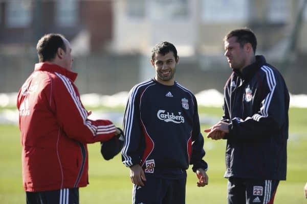 Liverpool, England - Friday, March 2, 2007: Liverpool's Javier Mascherano with manager Rafael Benitez and Jamie Carragher during training at Melwood ahead of the Premiership match against Manchester United at Anfield. (Pic by David Rawcliffe/Propaganda)