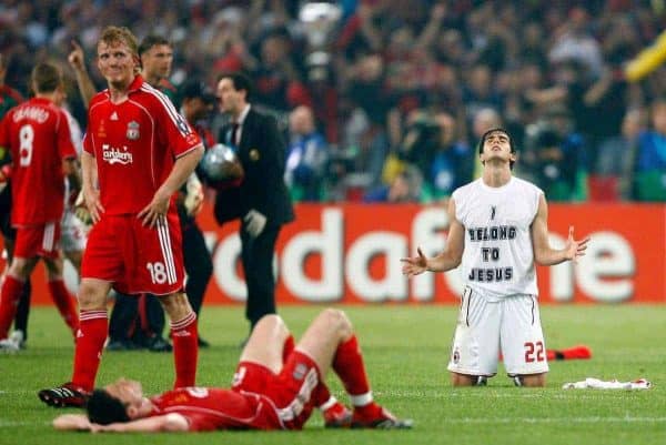 Athens, Greece - Wednesday, May 23, 2007: AC Milan's Kaka celebrates as Liverpool's Harry Kewell and Steven Gerrard look dejected afte the UEFA Champions League Final at the OACA Spyro Louis Olympic Stadium. (Pic by David Rawcliffe/Propaganda)