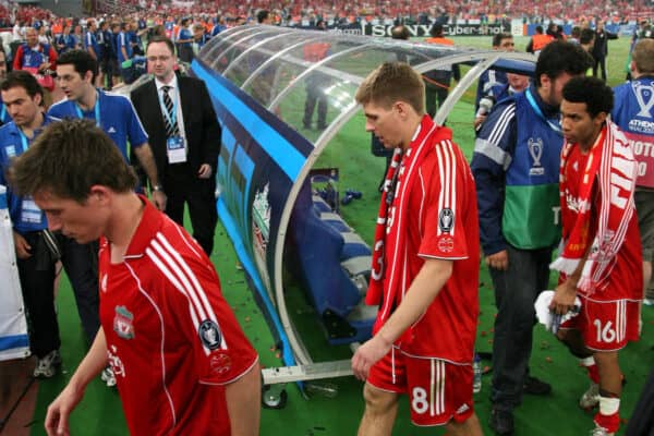 Athens, Greece - Wednesday, May 23, 2007: Liverpool's Harry Kewell, Steven Gerrard and Jermaine Pennant walks out of the pitch dejected after losing 2-1 to AC Milan during the UEFA Champions League Final at the OACA Spyro Louis Olympic Stadium. (Pic by David Rawcliffe/Propaganda)