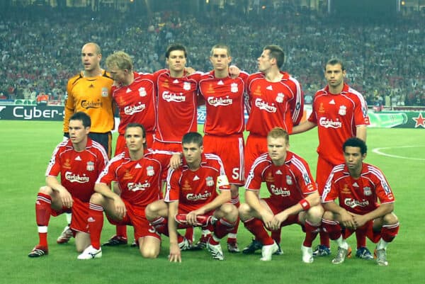 Athens, Greece - Wednesday, May 23, 2007: Liverpool's goalkeeper Jose Reina, Dirk Kuyt, Xabi Alonso, Daniel Agger, Jamie Carragher, Javier Mascherano, Steve Finnan, Boudewijn Zenden, Steven Gerrard, John Arne Riise and Jermaine Pennant before the UEFA Champions League Final against AC Milan at the OACA Spyro Louis Olympic Stadium. (Pic by Jason Roberts/Propaganda)