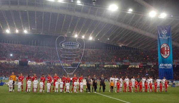 Athens, Greece - Wednesday, May 23, 2007: Liverpool's players and AC Milan's players lined up before the UEFA Champions League Final at the OACA Spyro Louis Olympic Stadium. (Pic by Jason Roberts/Propaganda)