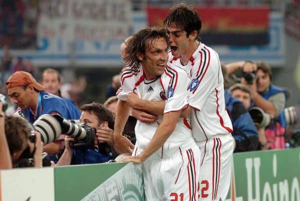 Athens, Greece - Wednesday, May 23, 2007: AC Milan's Andrea Pirlo and Kaka celebrate the opening goal scored by Kaka, after free kick got deflected by Filippo Inzaghi, during the UEFA Champions League Final against Liverpool at the OACA Spyro Louis Olympic Stadium. (Pic by Jason Roberts/Propaganda)