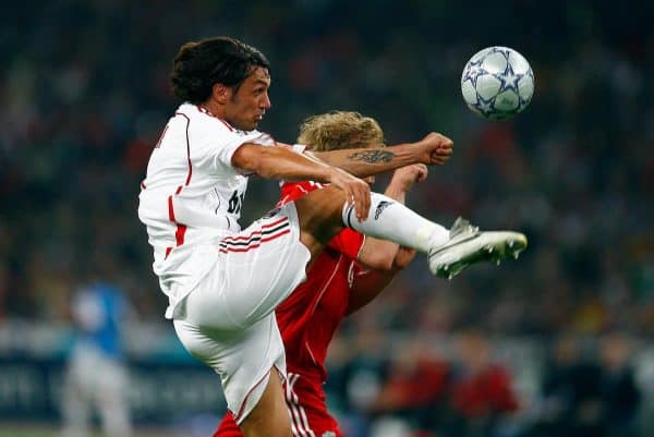 Athens, Greece - Wednesday, May 23, 2007: AC Milan's Paolo Maldini in action with Liverpool's Dirk Kuyt during the UEFA Champions League Final at the OACA Spyro Louis Olympic Stadium. (Pic by David Rawcliffe/Propaganda)