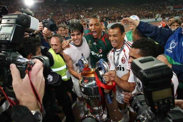 Athens, Greece - Wednesday, May 23, 2007: AC Milan's Mohamed Sissoko goalkeeper Dida and Cafu celebrate winning the European Cup after beating Liverpool 2-1, during the UEFA Champions League Final at the OACA Spyro Louis Olympic Stadium. (Pic by Chris Ratcliffe/ Propaganda)