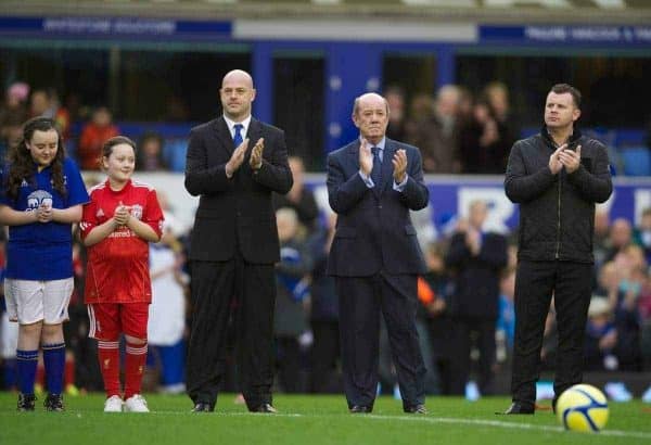 LIVERPOOL, ENGLAND - Saturday, January 7, 2012: Former Everton players, Joe Parkinson, Howard Kendall and Graham Stuart stand for a minute's applause in memory of former player Gary Ablett, who died of cancer earlier in the week, before the FA Cup 3rd Round match at Goodison Park. (Pic by David Rawcliffe/Propaganda)