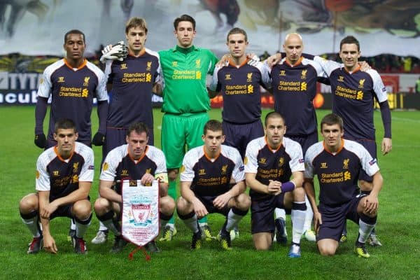 MOSCOW, RUSSIA - Thursday, November 8, 2012: Liverpool's players line up for a team group photograph before during the UEFA Europa League Group A match against FC Anji Makhachkala at the Lokomotiv Stadium. Back row L-R: Andre Wisdom, Sebastian Coates, goalkeeper Brad Jones, Jordan Henderson, Jonjo Shelvey, Stewart Downing. Front row L-R: Conor Coady, Jamie Carragher, Jon Flanagan, Joe Cole, Adam Morgan. (Pic by David Rawcliffe/Propaganda)