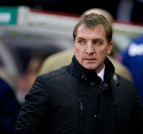 STOKE-ON-TRENT, ENGLAND - Sunday, January 12, 2014: Liverpool's manager Brendan Rodgers against Stoke City during the Premiership match at the Britannia Stadium. (Pic by David Rawcliffe/Propaganda)