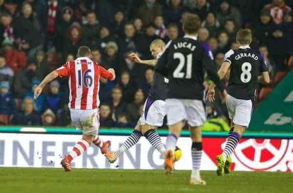 STOKE-ON-TRENT, ENGLAND - Sunday, January 12, 2014: Stoke City's Charlie Adam scores the second goal against Liverpool during the Premiership match at the Britannia Stadium. (Pic by David Rawcliffe/Propaganda)