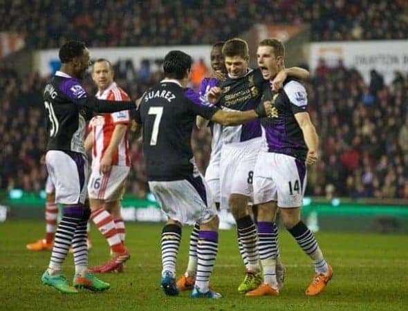 STOKE-ON-TRENT, ENGLAND - Sunday, January 12, 2014: Liverpool's captain Steven Gerrard celebrates scoring the third goal against from the penalty spot during the Premiership match at the Britannia Stadium. (Pic by David Rawcliffe/Propaganda)