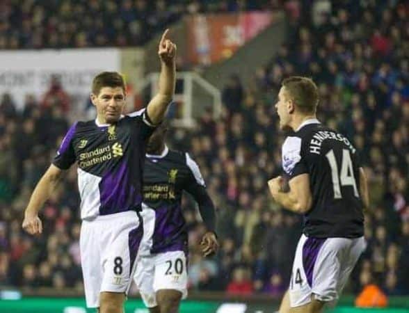 STOKE-ON-TRENT, ENGLAND - Sunday, January 12, 2014: Liverpool's captain Steven Gerrard celebrates scoring the third goal against from the penalty spot during the Premiership match at the Britannia Stadium. (Pic by David Rawcliffe/Propaganda)