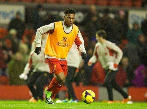 LIVERPOOL, ENGLAND - Saturday, January 18, 2014: Liverpool's Daniel Sturridge warms-up before the Premiership match against Aston Villa at Anfield. (Pic by David Rawcliffe/Propaganda)
