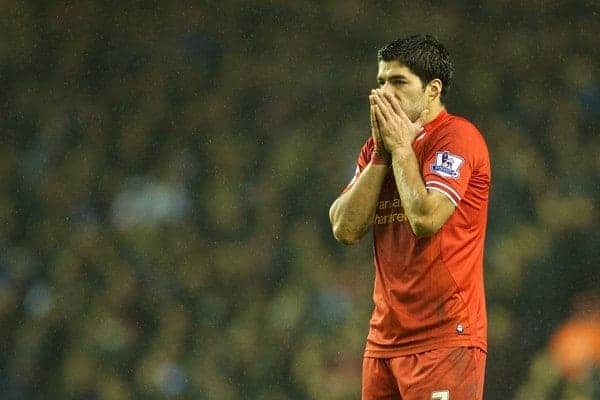 LIVERPOOL, ENGLAND - Saturday, January 18, 2014: Liverpool's Luis Suarez looks dejected against Aston Villa during the Premiership match at Anfield. (Pic by David Rawcliffe/Propaganda)