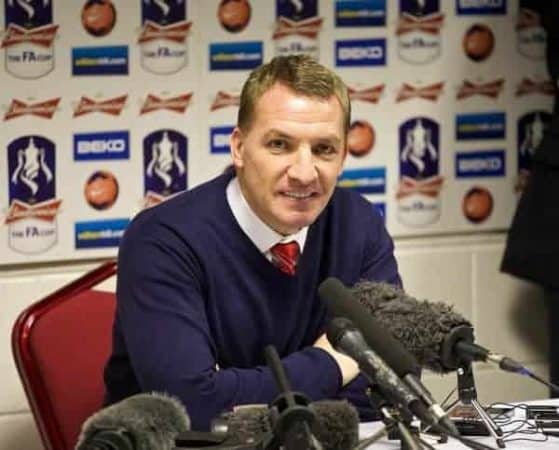 BOURNEMOUTH, ENGLAND - Saturday, January 25, 2014: Liverpool's manager Brendan Rodgers during a post-match press conference following his side's 2-0 victory over Bournemouth during the FA Cup 4th Round match at Dean Court. (Pic by David Rawcliffe/Propaganda)