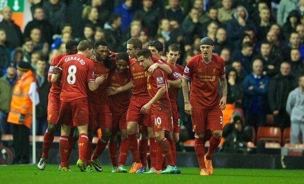 LIVERPOOL, ENGLAND - Tuesday, January 28, 2014: Liverpool's Daniel Sturridge celebrates scoring the second goal against Everton during the 222nd Merseyside Derby Premiership match at Anfield. (Pic by David Rawcliffe/Propaganda)