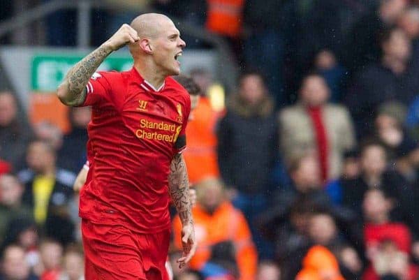 LIVERPOOL, ENGLAND - Saturday, February 8, 2014: Liverpool's Martin Skrtel celebrates scoring the first goal against Arsenal during the Premiership match at Anfield. (Pic by David Rawcliffe/Propaganda)