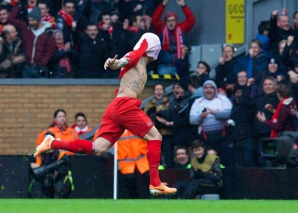 LIVERPOOL, ENGLAND - Saturday, February 8, 2014: Liverpool's Martin Skrtel celebrates scoring the second goal against Arsenal during the Premiership match at Anfield. (Pic by David Rawcliffe/Propaganda)