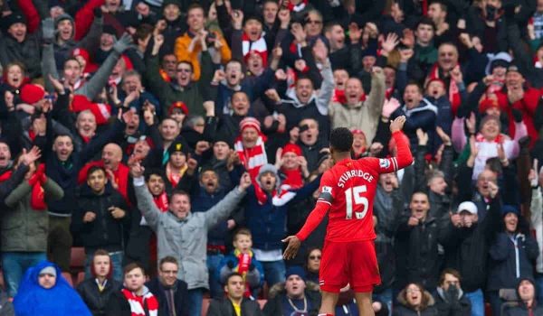 LIVERPOOL, ENGLAND - Saturday, February 8, 2014: Liverpool's Daniel Sturridge celebrates scoring the fourth goal against Arsenal during the Premiership match at Anfield. (Pic by David Rawcliffe/Propaganda)