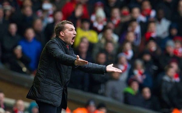 LIVERPOOL, ENGLAND - Saturday, February 8, 2014: Liverpool's manager Brendan Rodgers urges his side on even at 4-0 against Arsenal during the Premiership match at Anfield. (Pic by David Rawcliffe/Propaganda)