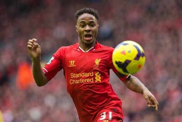 LIVERPOOL, ENGLAND - Saturday, February 8, 2014: Liverpool's Raheem Sterling in action against Arsenal during the Premiership match at Anfield. (Pic by David Rawcliffe/Propaganda)
