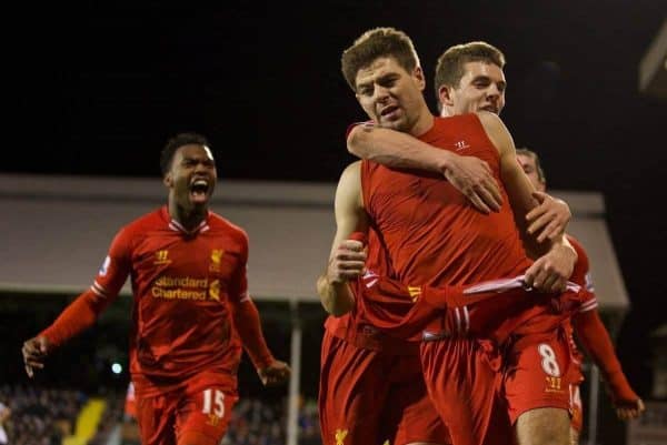 LONDON, ENGLAND - Wednesday, February 12, 2014: Liverpool's captain Steven Gerrard celebrates scoring the third goal against Fulham from the penalty spot during the Premiership match at Craven Cottage. (Pic by David Rawcliffe/Propaganda)