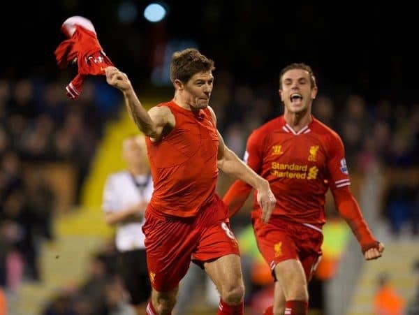 LONDON, ENGLAND - Wednesday, February 12, 2014: Liverpool's captain Steven Gerrard celebrates scoring the third goal against Fulham from the penalty spot during the Premiership match at Craven Cottage. (Pic by David Rawcliffe/Propaganda)