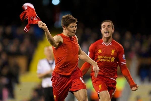 LONDON, ENGLAND - Wednesday, February 12, 2014: Liverpool's captain Steven Gerrard celebrates scoring the third goal against Fulham from the penalty spot during the Premiership match at Craven Cottage. (Pic by David Rawcliffe/Propaganda)