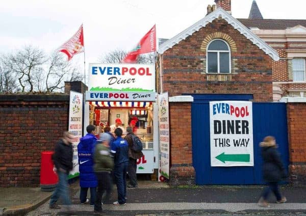 LIVERPOOL, ENGLAND - Sunday, February 23, 2014: Supporters walk past the Everpool food stall before the Premiership match between Liverpool and Swansea City at Anfield. (Pic by David Rawcliffe/Propaganda)