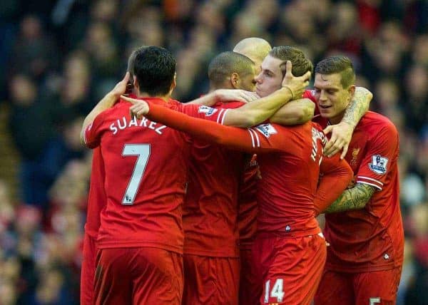 LIVERPOOL, ENGLAND - Sunday, February 23, 2014: Liverpool's Jordan Henderson celebrates scoring the second goal against Swansea City during the Premiership match at Anfield. (Pic by David Rawcliffe/Propaganda)