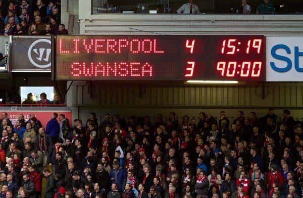 LIVERPOOL, ENGLAND - Sunday, February 23, 2014: Liverpool's scoreboard records the dramatic 4-3 victory over Swansea City during the Premiership match at Anfield. (Pic by David Rawcliffe/Propaganda)