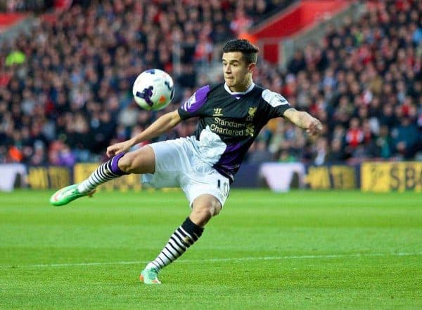 SOUTHAMPTON, ENGLAND - Saturday, March 1, 2014: Liverpool's Philippe Coutinho Correia in action against Southampton during the Premiership match at St Mary's Stadium. (Pic by David Rawcliffe/Propaganda)SOUTHAMPTON, ENGLAND - Saturday, March 1, 2014: Liverpool's Philippe Coutinho Correia in action against Southampton during the Premiership match at St Mary's Stadium. (Pic by David Rawcliffe/Propaganda)