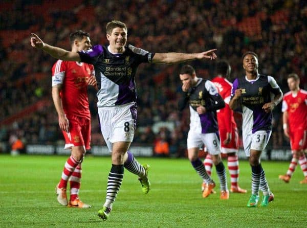 SOUTHAMPTON, ENGLAND - Saturday, March 1, 2014: Liverpool's captain Steven Gerrard celebrates scoring the third goal against Southampton from the penalty spot during the Premiership match at St Mary's Stadium. (Pic by David Rawcliffe/Propaganda)