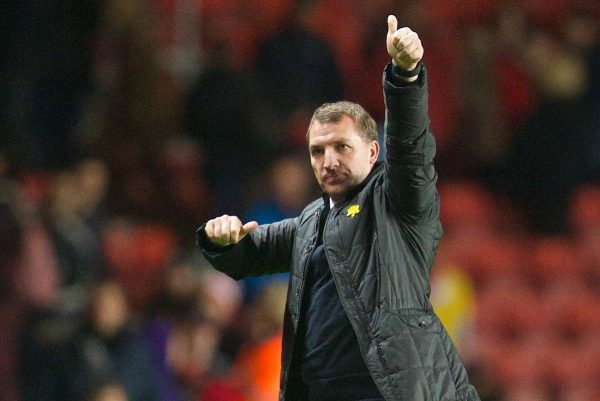 SOUTHAMPTON, ENGLAND - Saturday, March 1, 2014: Liverpool's manager Brendan Rodgers salutes the travelling supporters as his side beat Southampton 3-0 during the Premiership match at St Mary's Stadium. (Pic by David Rawcliffe/Propaganda)