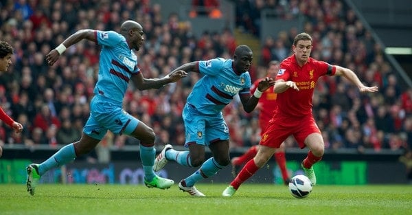 LIVERPOOL, ENGLAND - Sunday, April 7, 2013: Liverpool's Jordan Henderson in action against West Ham United during the Premiership match at Anfield. (Pic by David Rawcliffe/Propaganda)